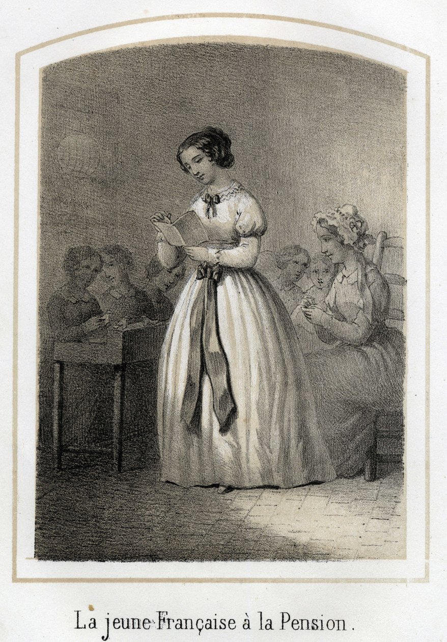 The French girl reads to her classmates. Anonymous engraving of the 19th century by French School