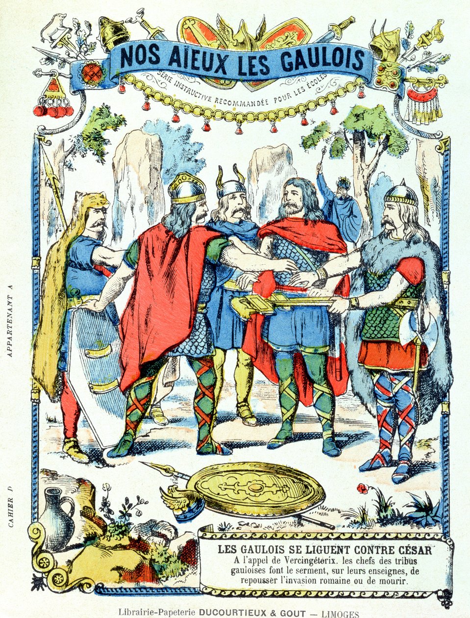 The Gaulish leaders in league against Julius Caesar led by Vercingetorix from a protective sleeve for school books by French School