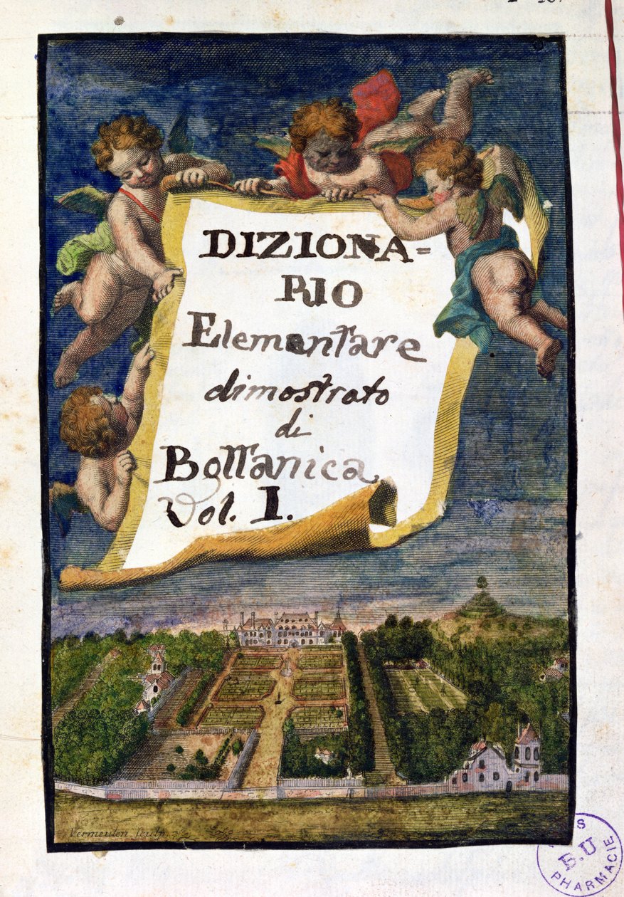 The Jardin des Plantes in Paris, frontispiece from Dizionario Elementare dimostrato di Bottanica, volume I Istitutiones Rei Herbariae, by Joseph Pitton de Tournefort, published in Paris by French School