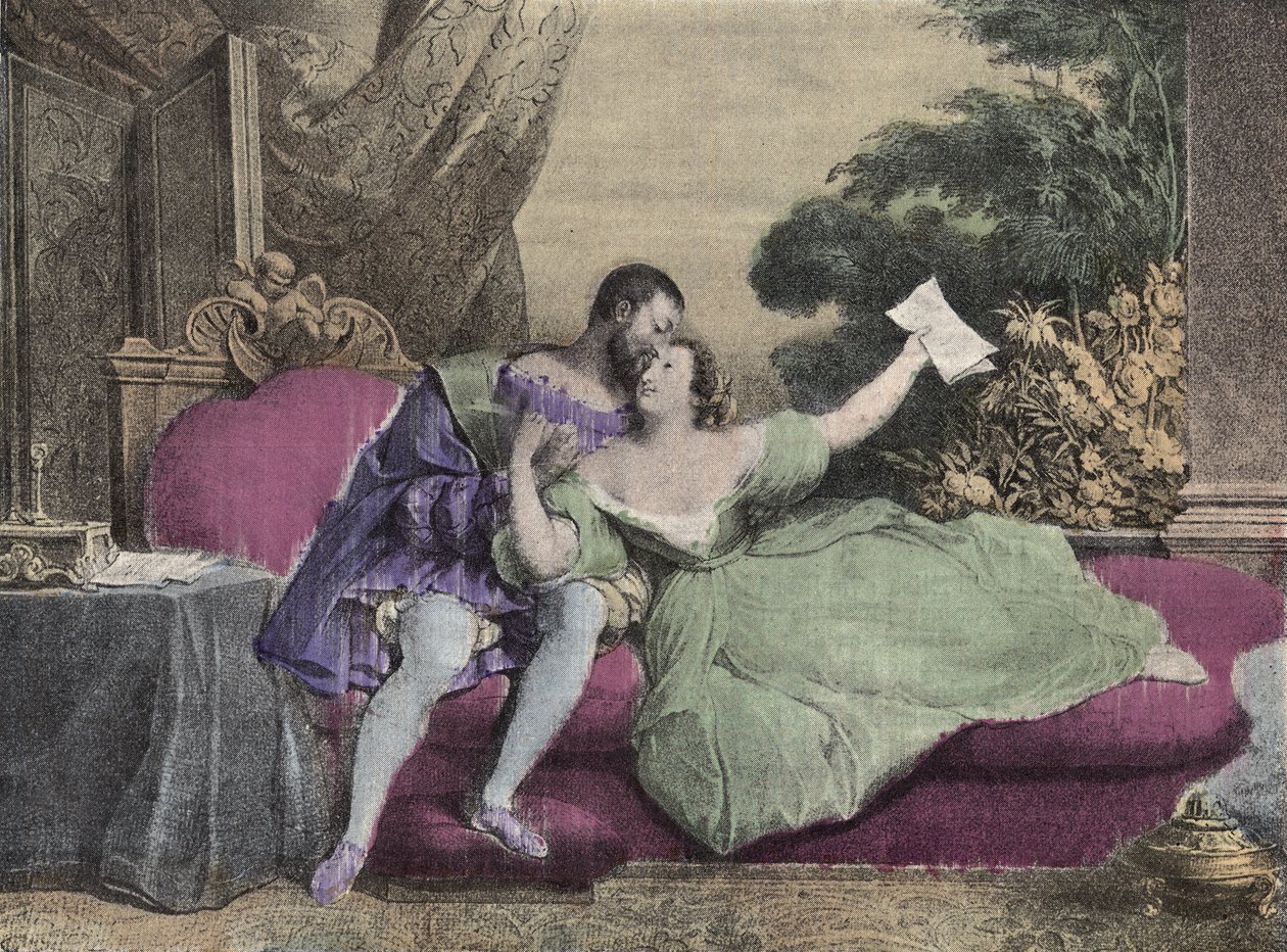 The King of France Francois I with Diane de Poitiers, Lady of Breze, Duchess of Valentinois. Lithograph of Daveria from 1832 in Laughs Et Galanterie. Weekly Collection of Galantes Images on the direction of John Grand-Carteret by French School