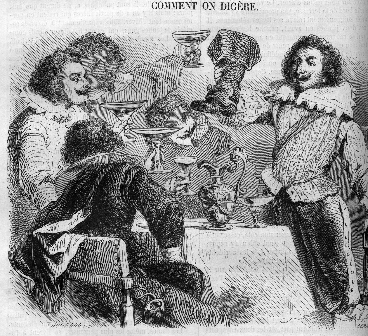The Marquis Francois de Bassompierre (1579-1646) (marshal de Bassompierre) drinking in his cauldron boot. Engraving from 1852. by French School