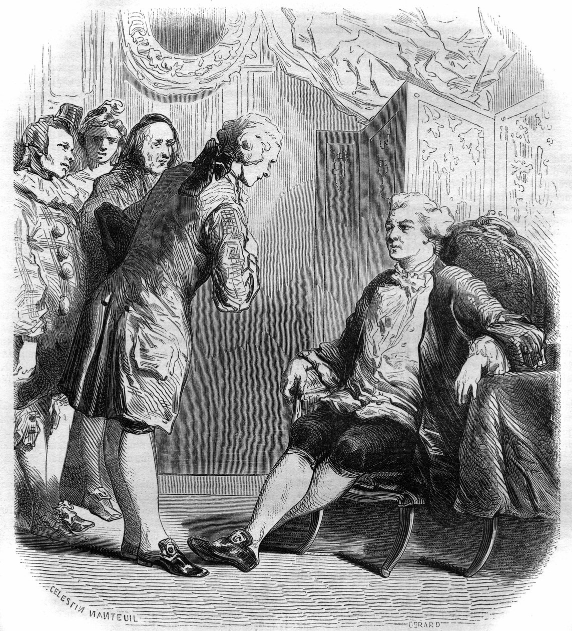 The Marquis de Puysieulx receiving Philippe Nericault Destouches and his troupe of travelling comedians. Engraving from 1858-1859. by French School