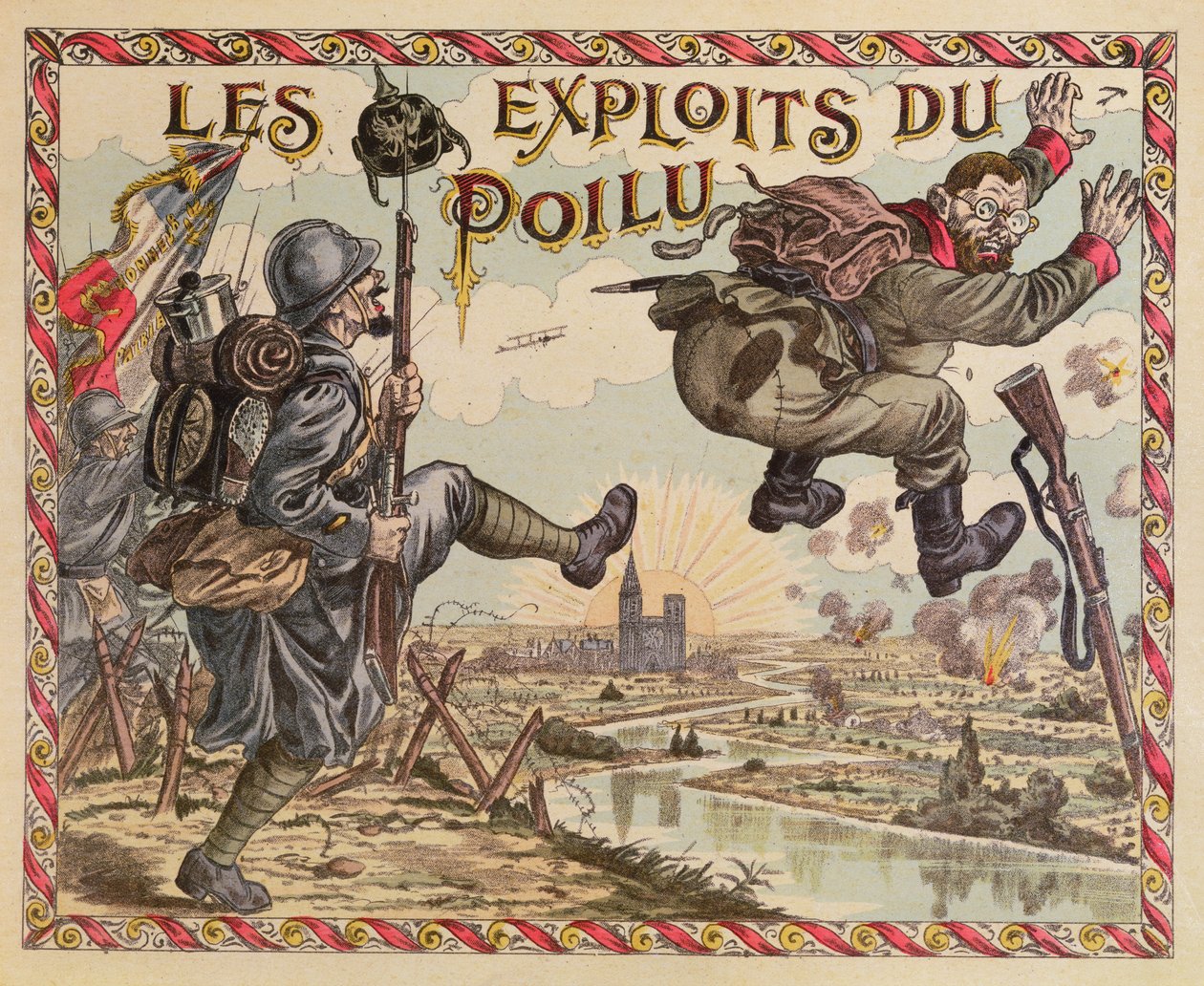 The Poilus Achievements, pushing the German beyond the Rhine, cover of a boardgame, c.1914-15 by French School