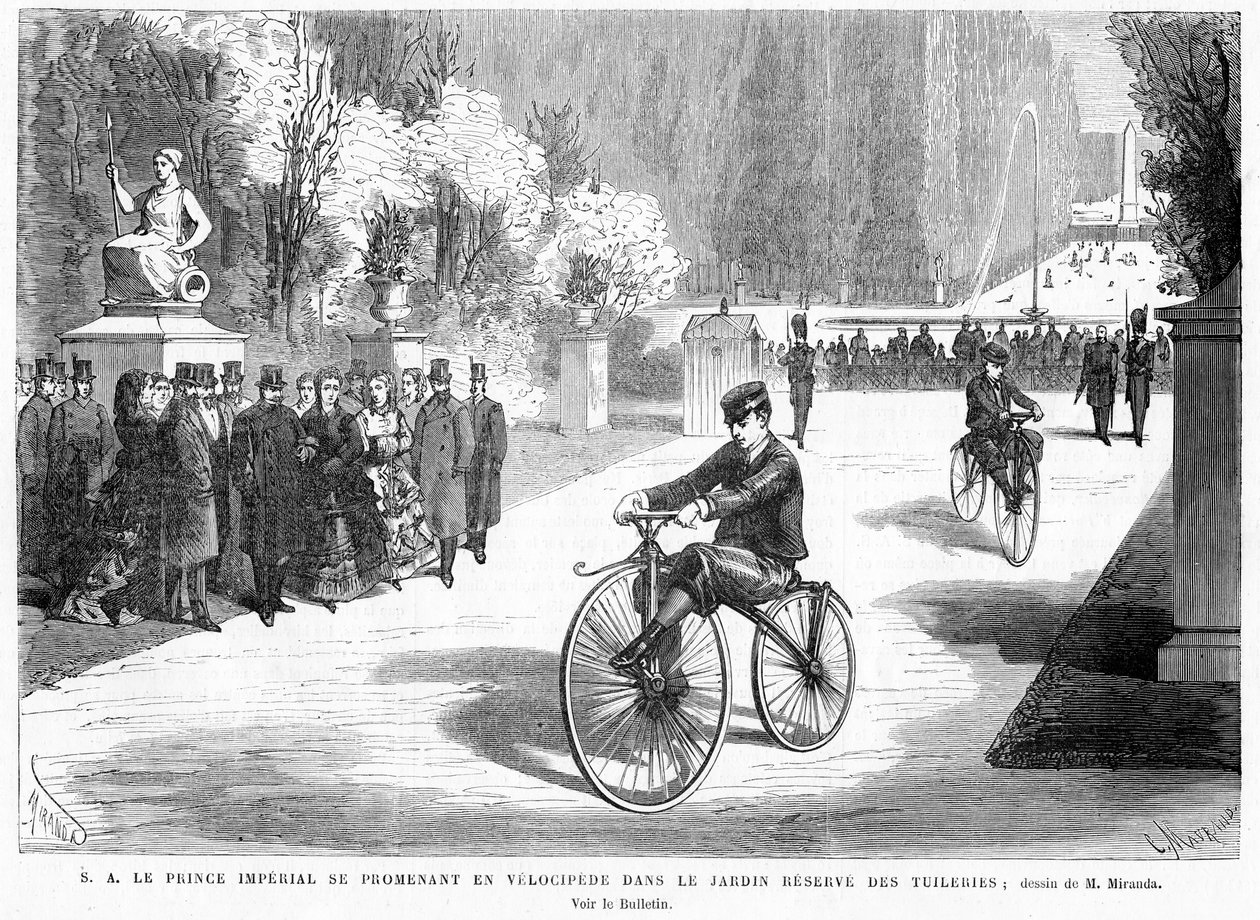 The Prince Imperial, watched by his parents, the Emperor and Empress, shows his skill in cycling on a Michaux velocipede in the Tuileries Gardens, Paris, 1869 by French School