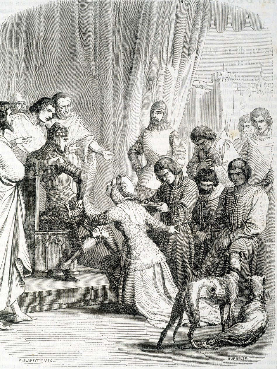 The Queen of England (Philippa de Hainaut) asks thanks to her husband Edward III for the inhabitants of Calais (episode of the 6 bourgeois of Calais) by French School
