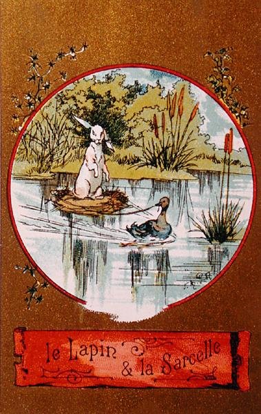 The Rabbit and the Teal, illustrated card depicting the fable by Jean de la Fontaine by French School