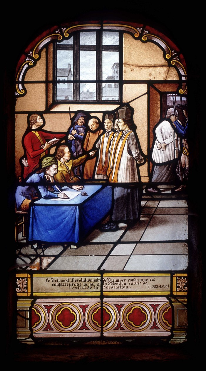 The Revolutionary Court of Quimper condemns these confessors of faith to detention followed by exile and deportation (1793-95) - stained glass windows of St Germain Church in Kerlaz by French School