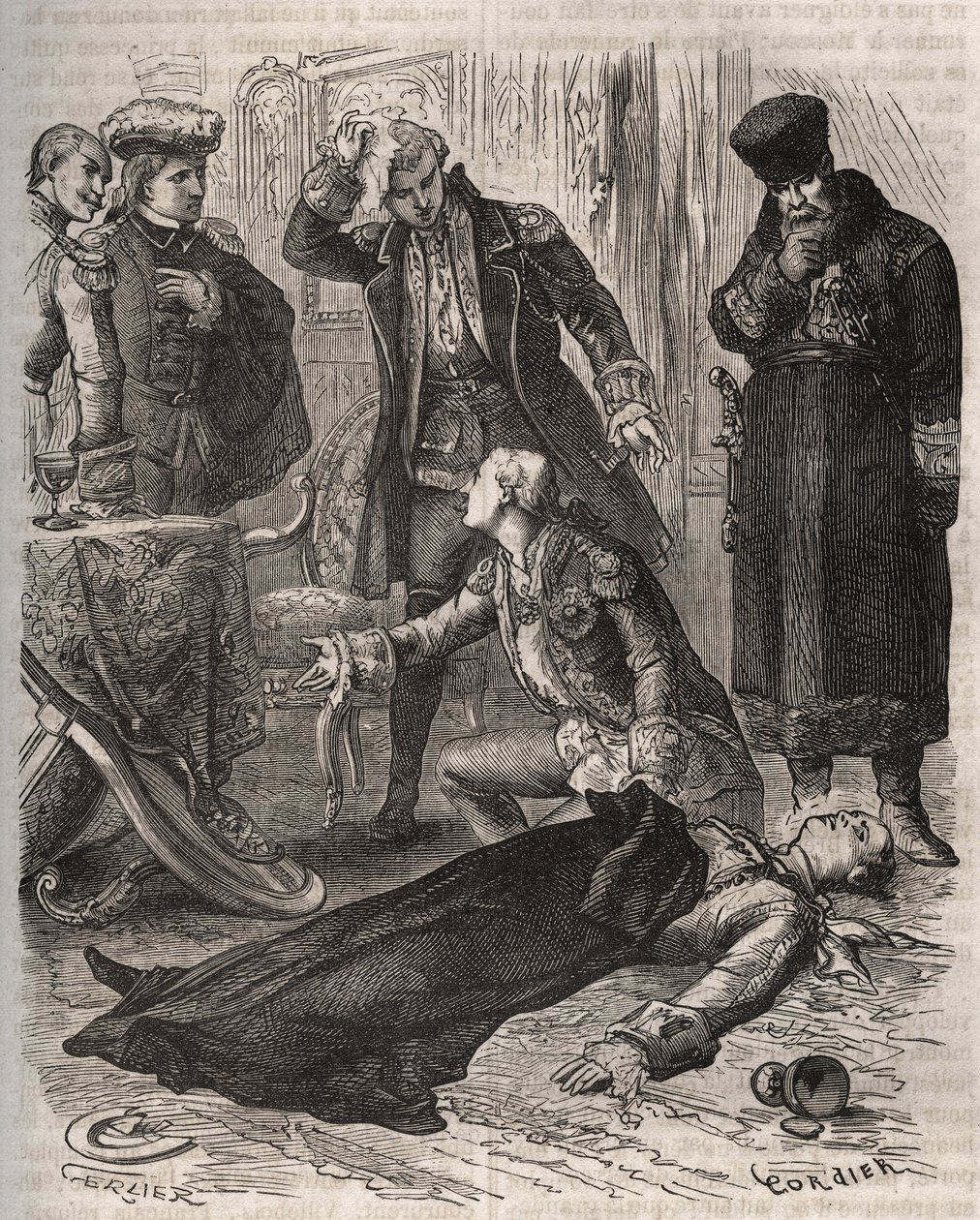The Russian Emperor Peter III (1728-1762), assigned a residence, was assassinated by order of his wife Catherine II, who had just overthrown him and took power, by Alexei Orlov (1737-1808) and his guards on 17 July 1762. Engraving from 1871 in 