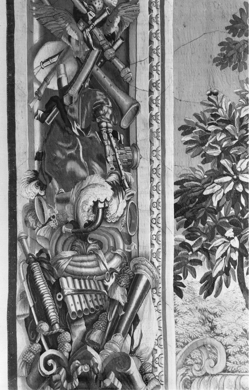 The Seasons tapestry, border, music instruments, Gobelins Factory (detail) by French School