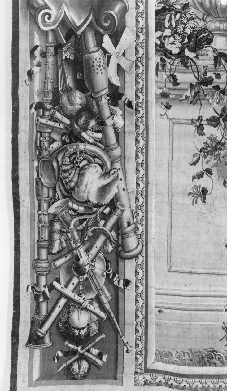 The Seasons tapestry, border, music instruments, Gobelins Factory (detail) by French School