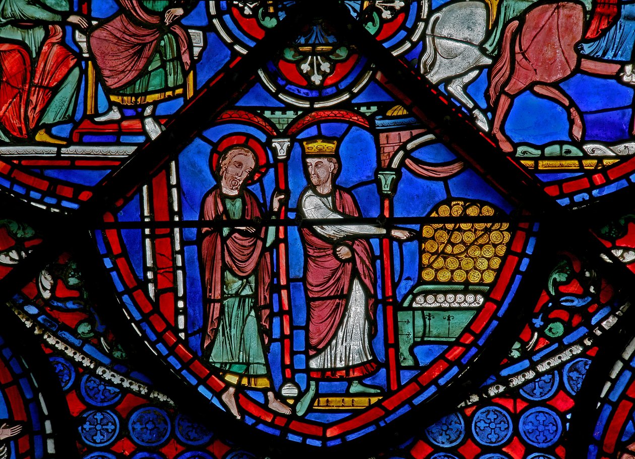The St Thomas Window: He is Shown Gold by the King by French School