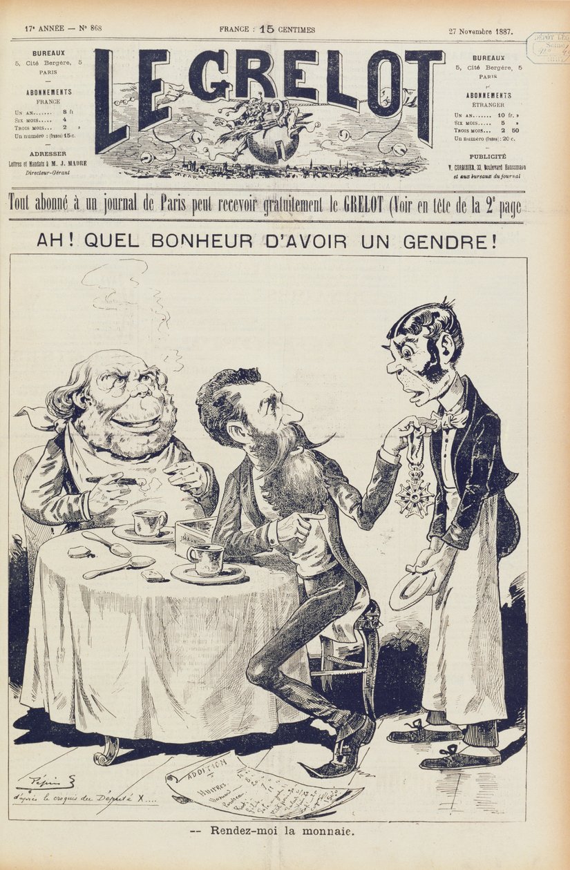 The Wilson Affair, front cover of Le Grelot, 27th November 1887 by French School