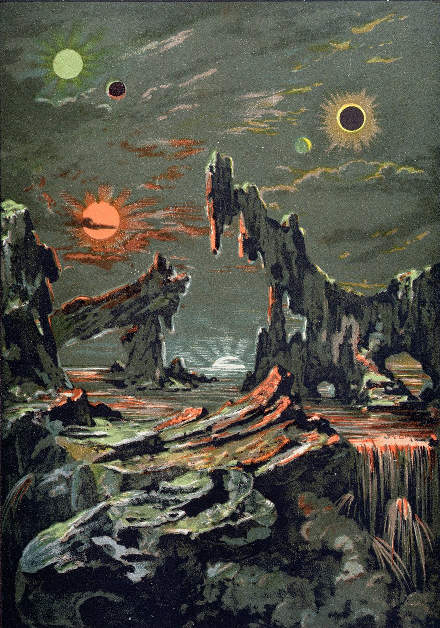 The World of Four Moons and Four Suns, illustration from LAstronomie Populaire written by Camille Flammarion by French School