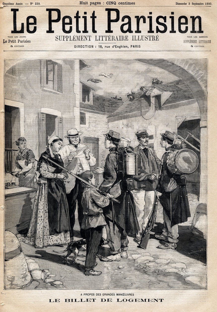 The accommodation ticket, which entitles a bed and a candle, distributes to the soldiers after their exercises and large manoeuvres. In Le Petit Parisien on 3/09/1893 (engraving) by French School