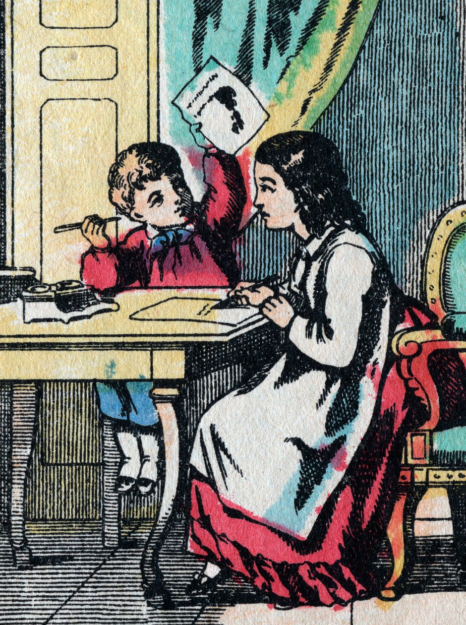 The activities for girls from good families: helping a little brother in his homework - Epinal picture - 19th century by French School