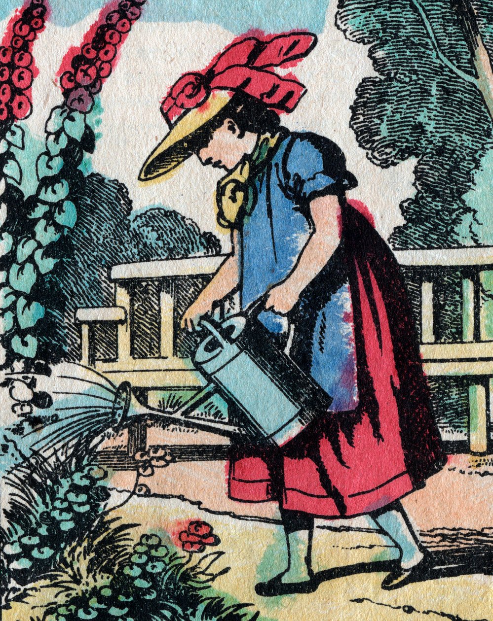 The activities for girls from good families: learning gardening - Epinal picture - 19th century by French School