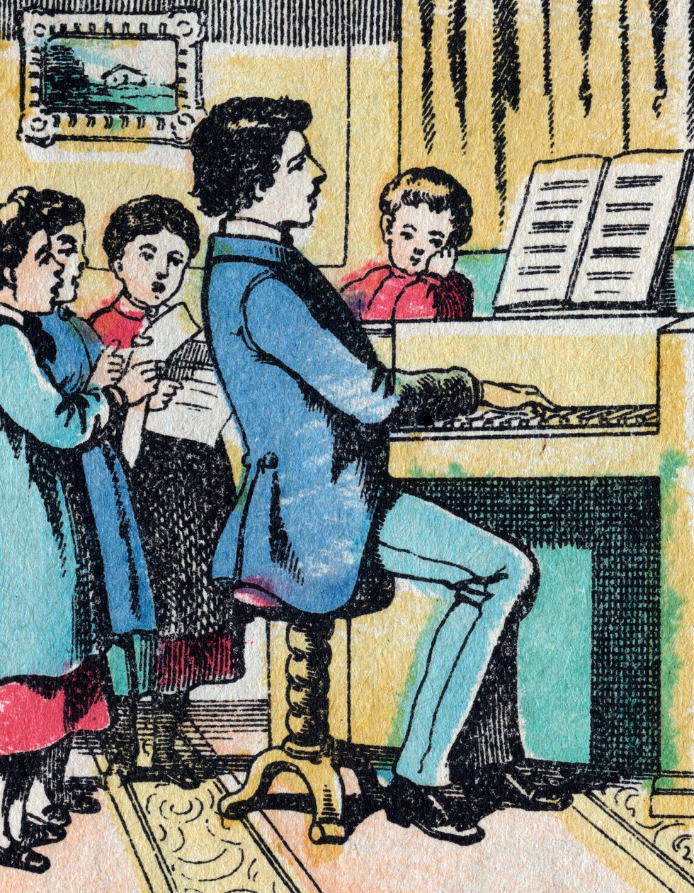 The activities for girls from good families: learning of music - Epinal picture - 19th century by French School