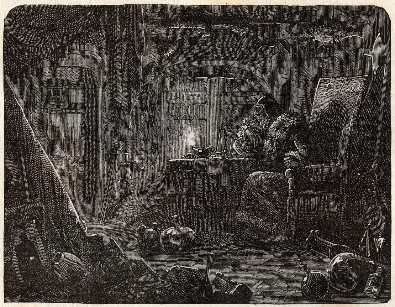 The alchemist, having promised to make gold, works in his laboratory: the Alchemist in the 17th century - in Paris a travers les cules by Nicolas Jules Henri Gourdon de Kennouillac (1826-1898). by French School