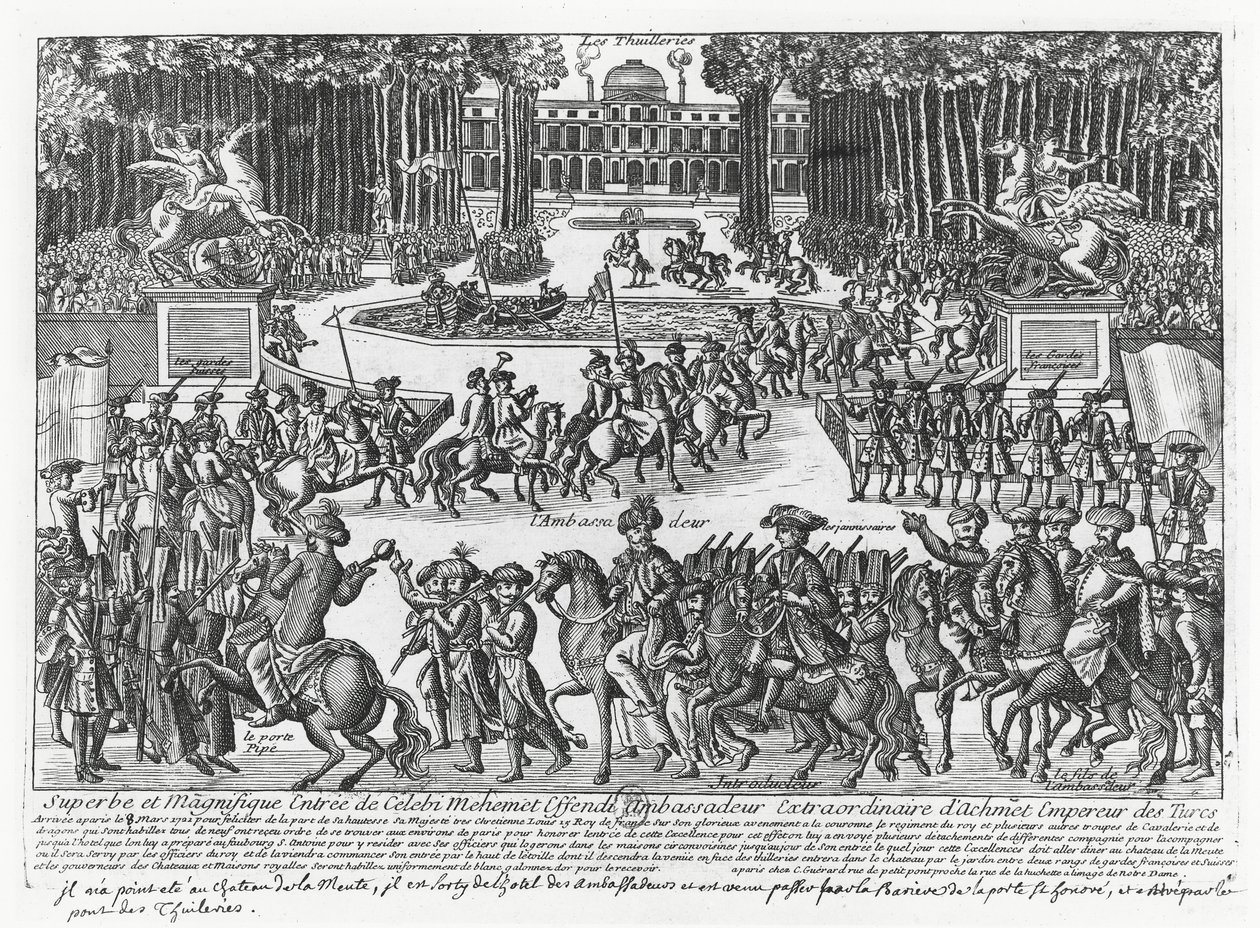 The arrival of Mehmed Celebi Efendi, ambassador of Sultan Ahmed III of Turkey, at the Tuileries to be received by Louis XV in 1721 by French School