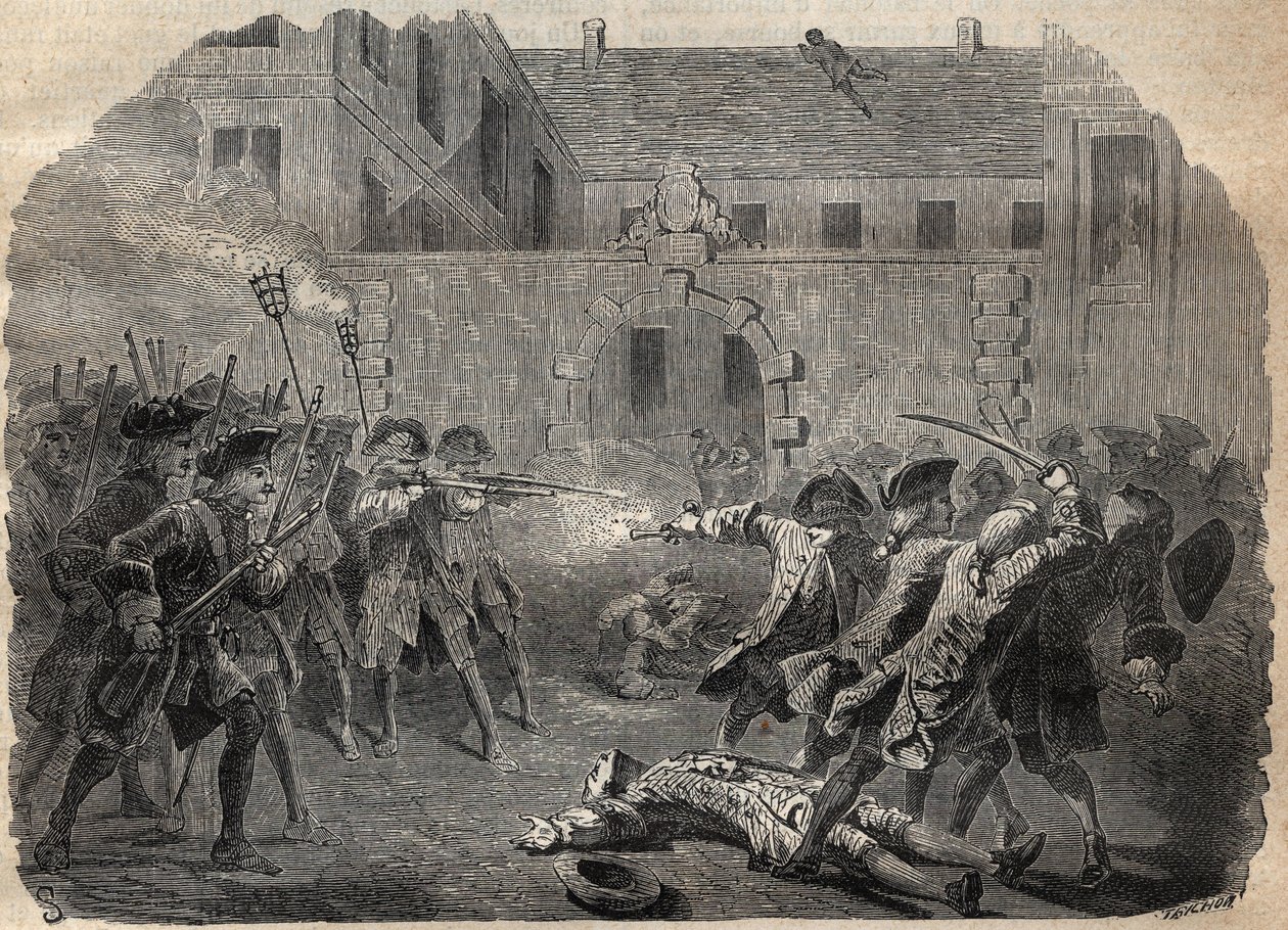 The brigand Louis Dominique Garthausen called Cartridge (1693-1721) and his companions going to despoil the Hotel Desmaretz in Paris, are surprised and attacked by the archers after a fierce fight, they flee through the roofs - French brigand Louis Domini by French School
