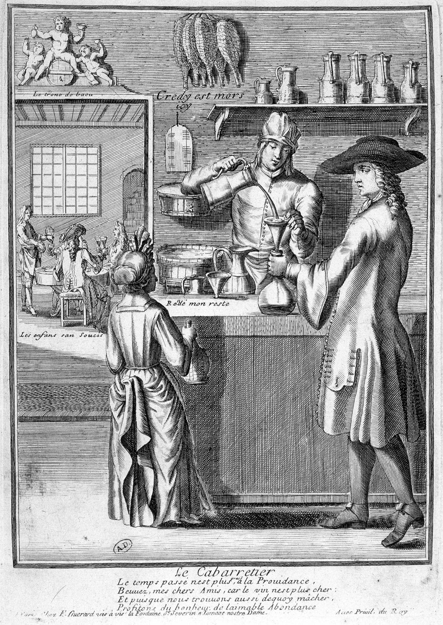 The cabaretier preparing the wine decanter - engraving by French School