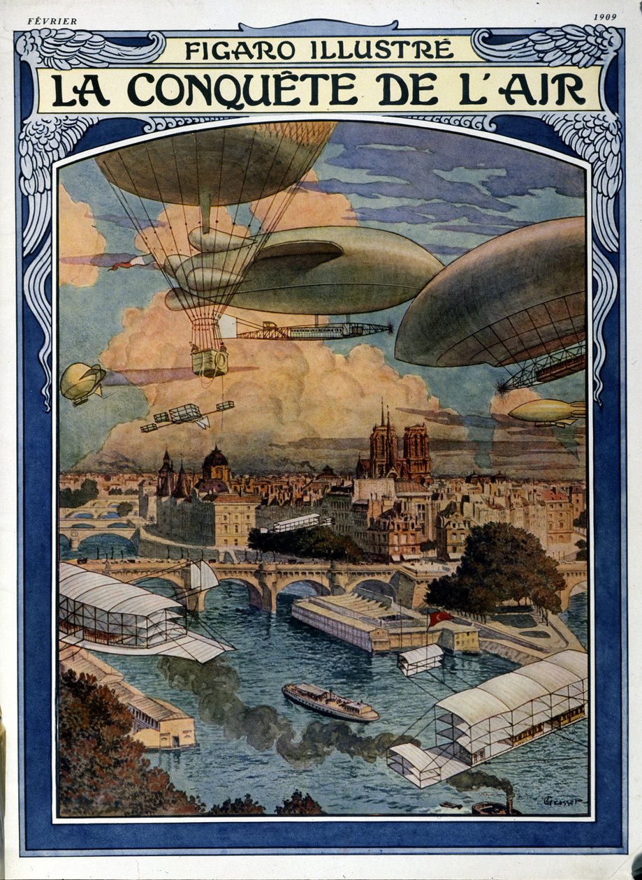 The Conquest of the Air: Airship, Balloon and Hot Air Balloon over Paris - Cover in Figaro Illustrated, February 1909 by French School