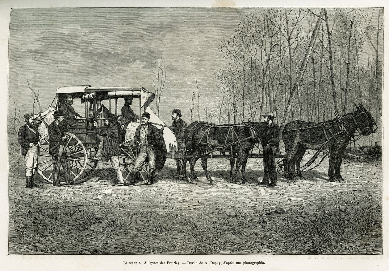 The Course or Diligence on the Horse of the Prairies, Drawing by A. Dupuis, to Illustrate the Story of an Excursion to Canada and the Northern Red River, in 1873, by H. de Lamotte. Engraving in Le Tour du Monde by French School
