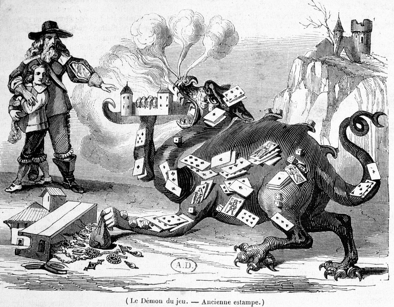 The demon of the game - French allegorical engraving by French School