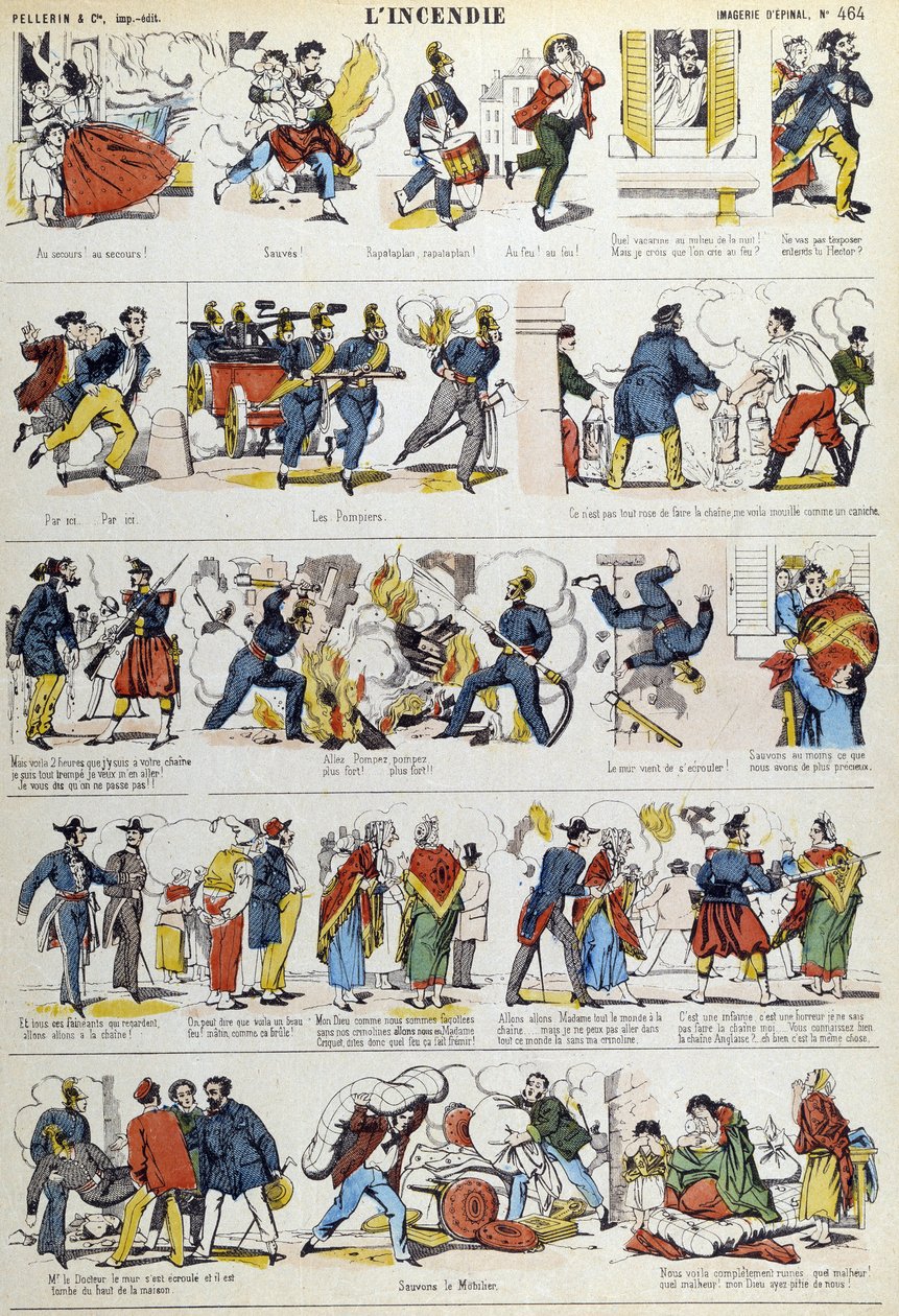 The different stages of a 19th century fire. Picture of Epinal from the 19th century by French School