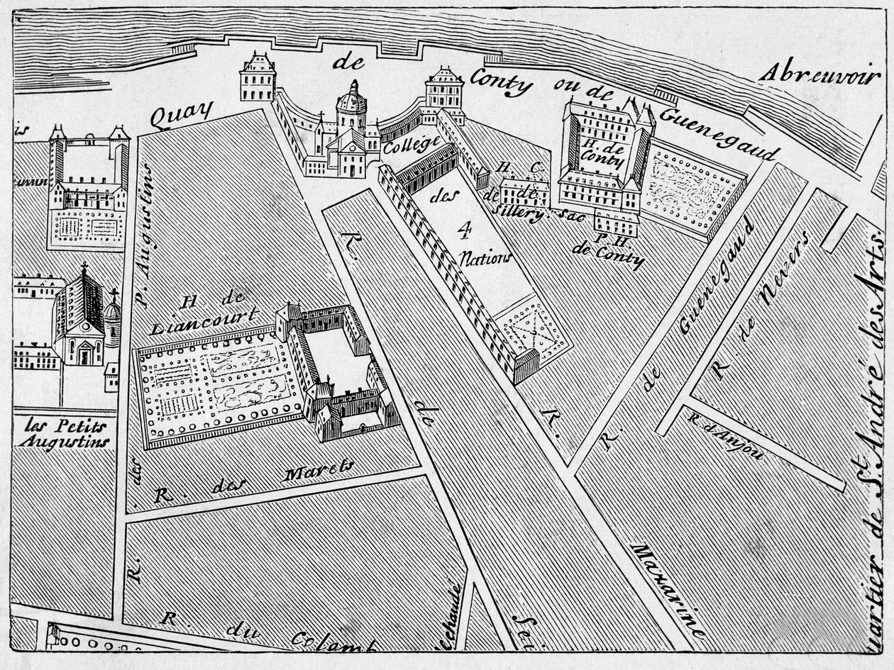The District of the College des Quatre Nations (Four Nations) and the Hotel Conti-Fac-Simile in the Plan of J. de la Caille by French School