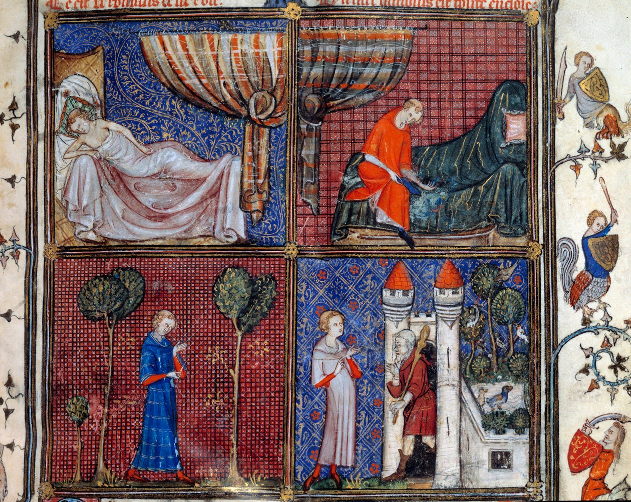 The Sleeping Lover, dressing, sewing his shirt and In front of the House of Pleasure. Miniature in 