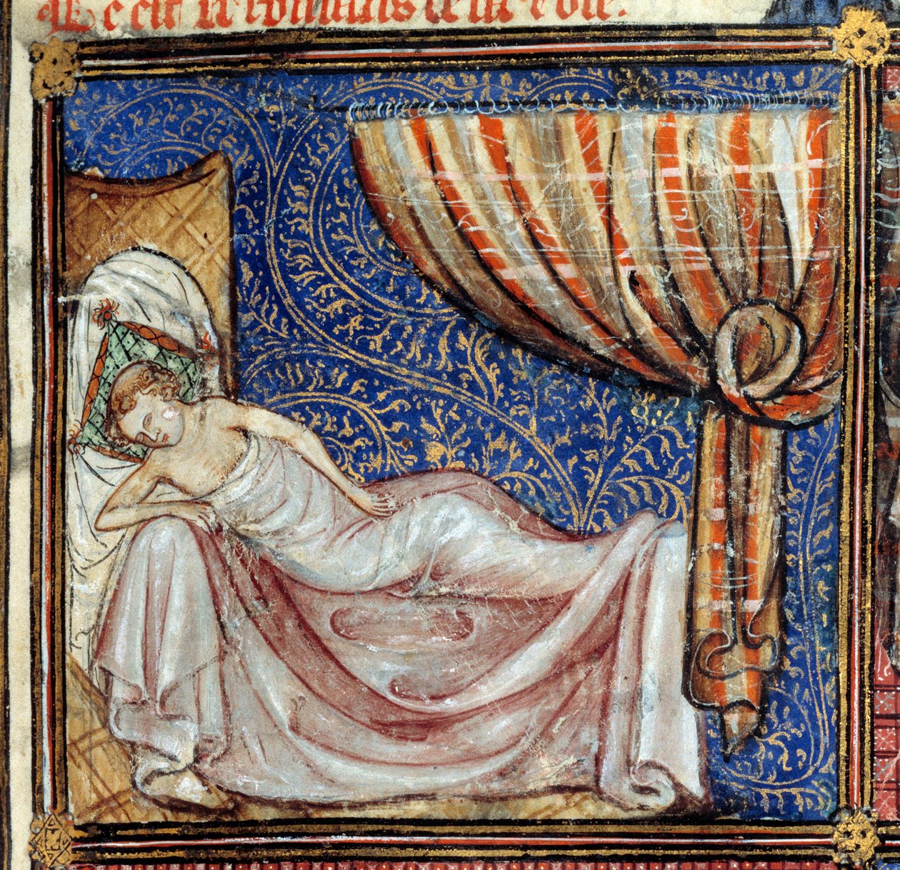 The dream, detail: The Sleeping Lover. Miniature in “Le Roman de la rose” by Jean de Meun, Jean de Meung or Jean Chopinel, Jean Clopinel (v.1240-1305), circa 1370. Chantilly, Musee Conde by French School