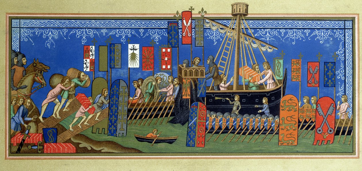 The embarkation of the Knights of the Holy Spirit for the crusades, after a miniature in the Statuts de lordre du Saint-Esprit de Naples manuscript in the Louvre, engraved by Felix Regamey (1844-1907) by French School