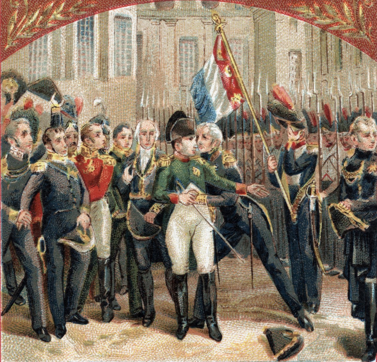 The farewell of Napoleon Bonaparte to the imperial guard in the courtyard of Cheval Blanc at the castle of Fontainebleau on 20/04/1814. Chromolithography of the late 19th century by French School