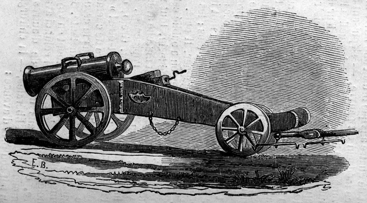 The howitzer of the Austrian army used during the Battle of the Buffalora Bridge (Italy) during the Risorgimento in 1859. Engraving in 