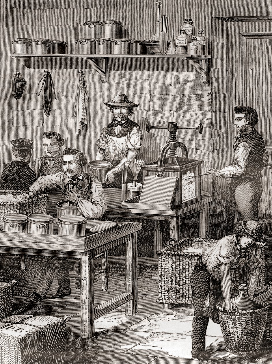 The manufacture of gun cotton in the 19th century, from Les Merveilles de la Science, published c.1870 (engraving) by French School