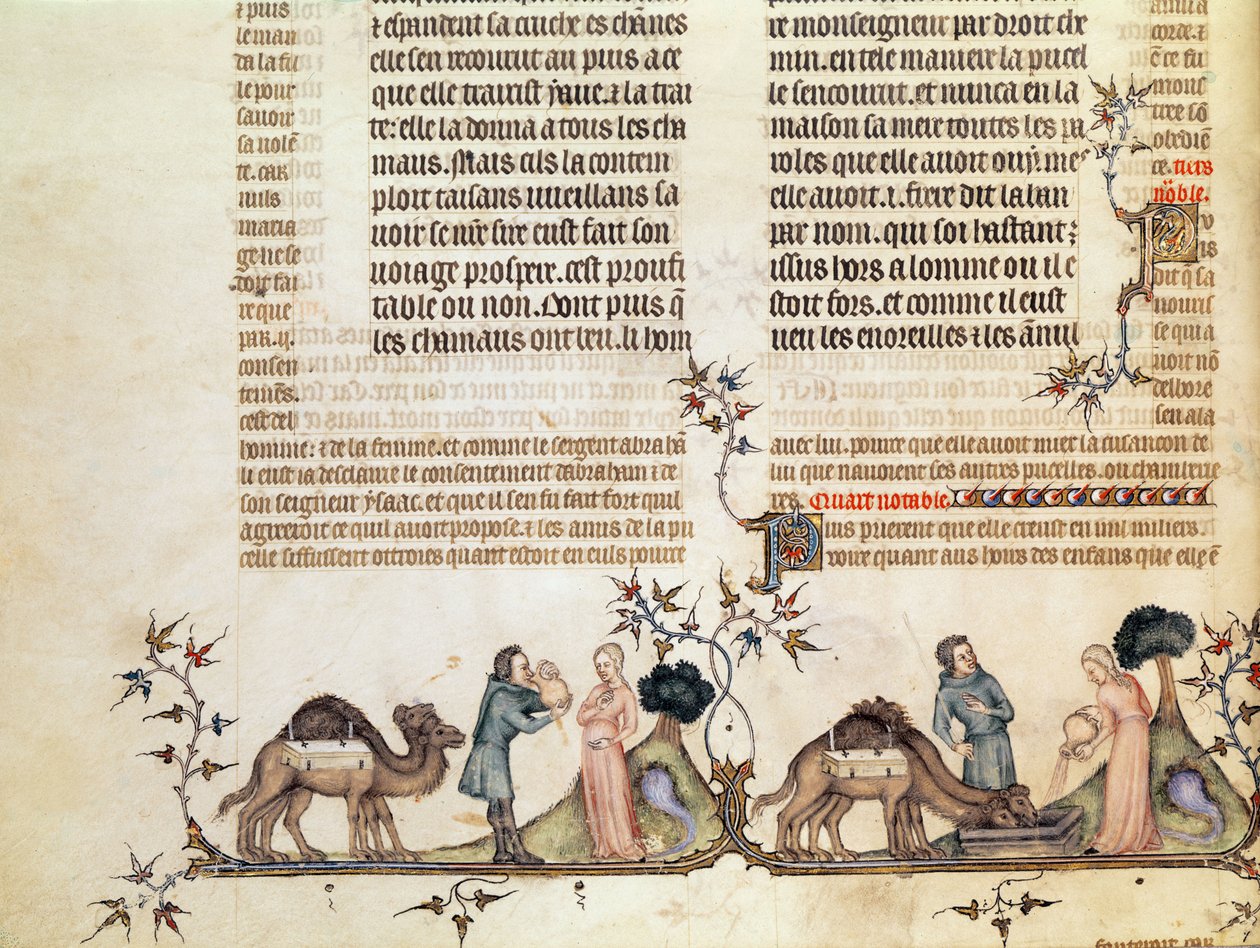 The meeting of Eliezer and Rebecca at the well, from The Bible of Jean de Sy, c.1355 by French School