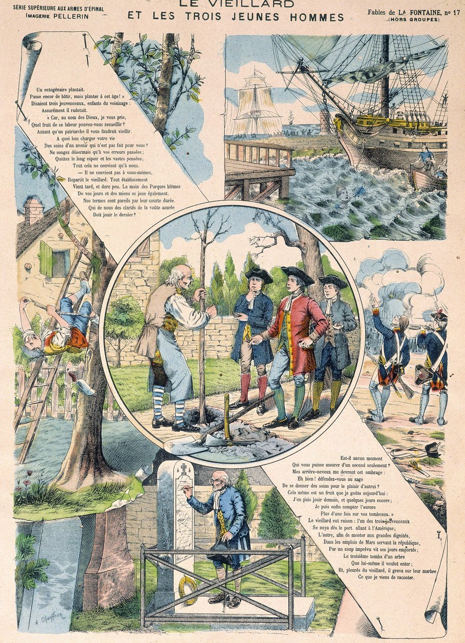 The Old Man and the Three Young Men - Fables de La Fontaine in Images of Epinal by French School
