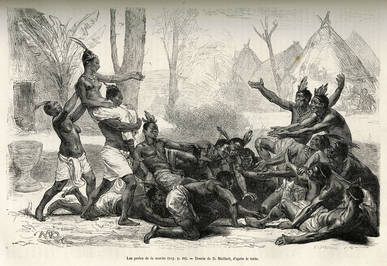 The pearls of the bride. The fiancée, carried on the shoulders of a woman of her clan, is brought among the crowd who organizes the charivari and throws small beads, fragments of tobacco leaf, pledge of happiness, in the region of Lake Kassali. Drawing by  by French School
