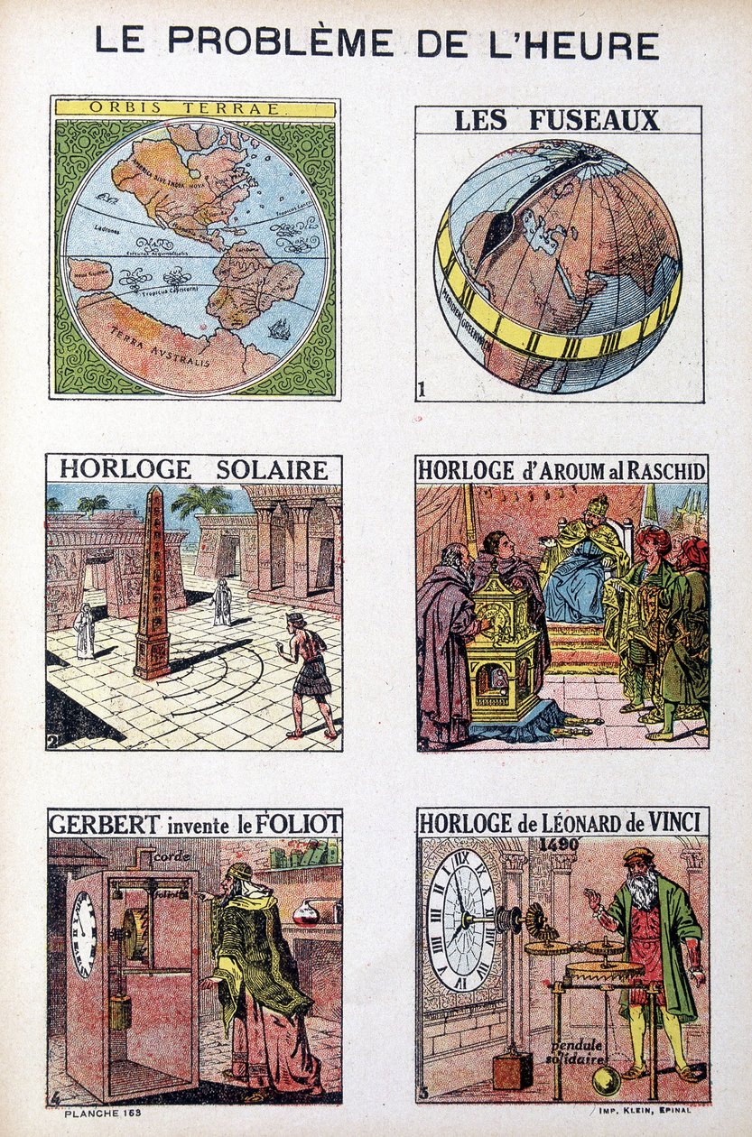 The problem of the time: Orbis Terrea, the spindle, solar clock, clock of Aroum Al Racshid, Gerbert invents the Foliot, clock of Leonardo da Vinci - engraving, early 20th century by French School