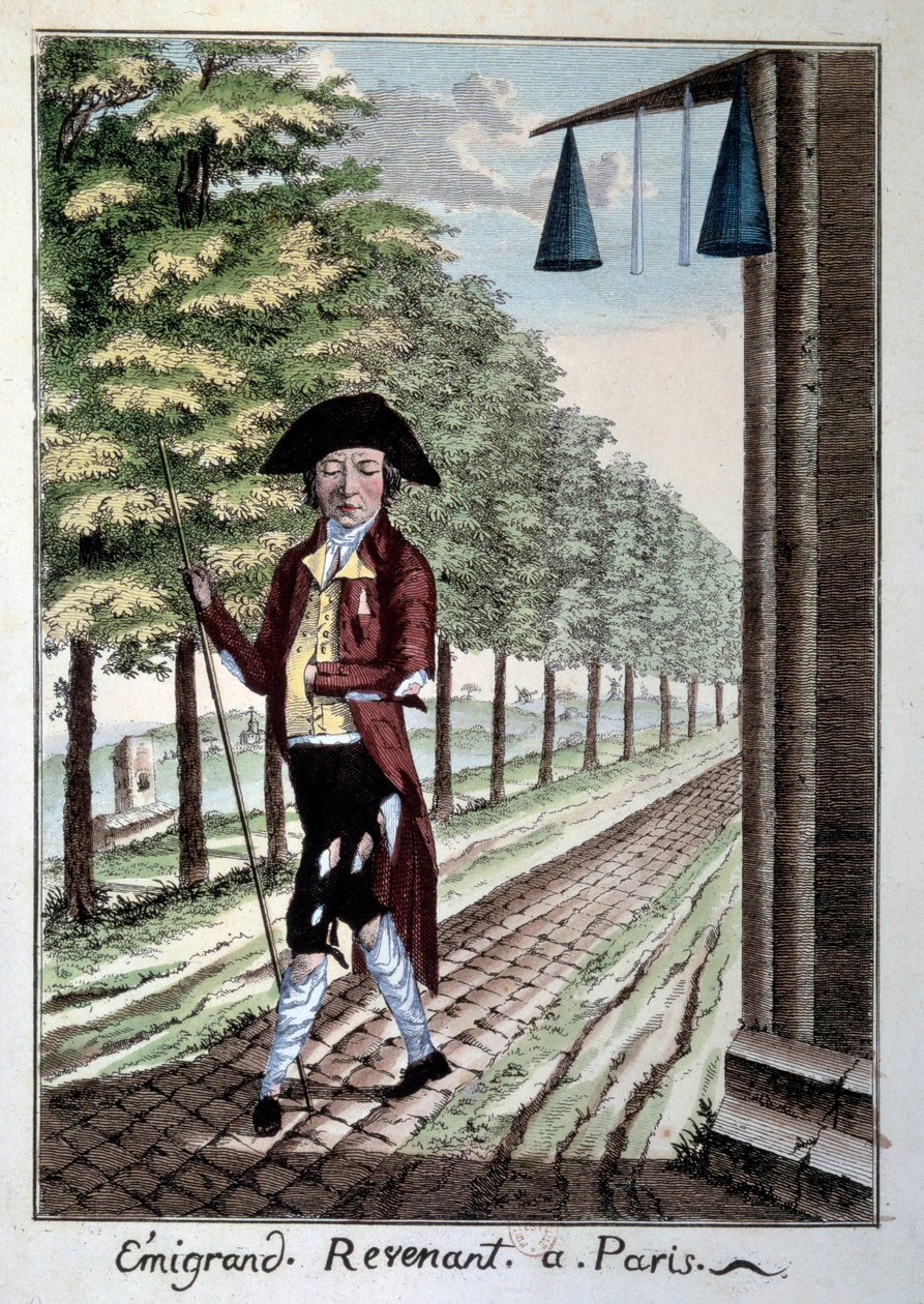 The return of an emigrant at the end of the French Revolution. A noble torn clothes that fled the city during the Revolution. Engraving of the 19th century Paris, Musee Carnavalet by French School