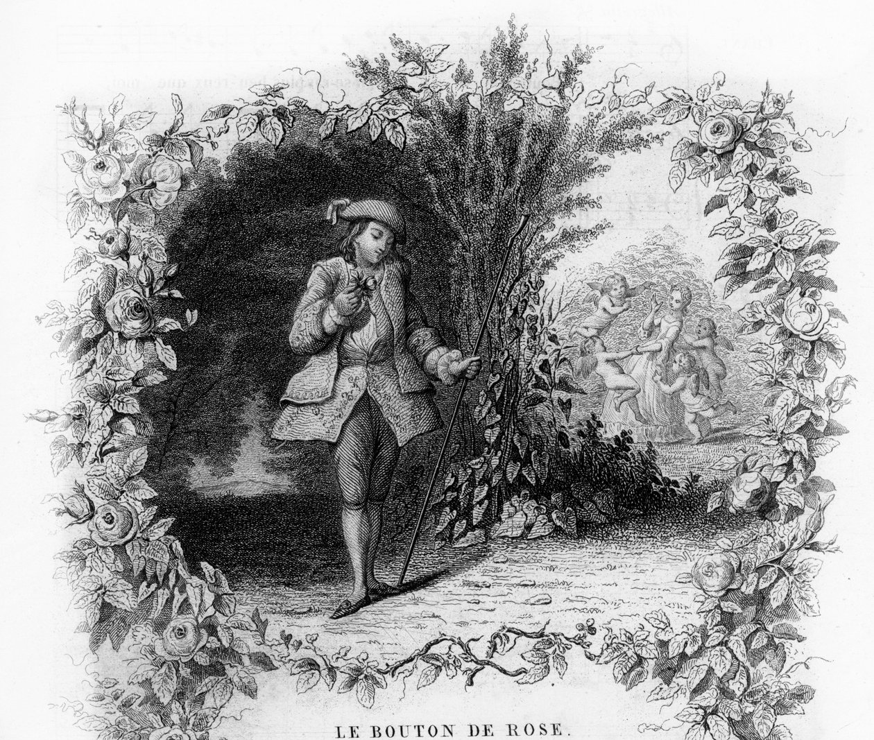 The rose button. A lonely and romantic young man in a garden at the bottom of which a young woman is surrounded by cupid. Engraving in 