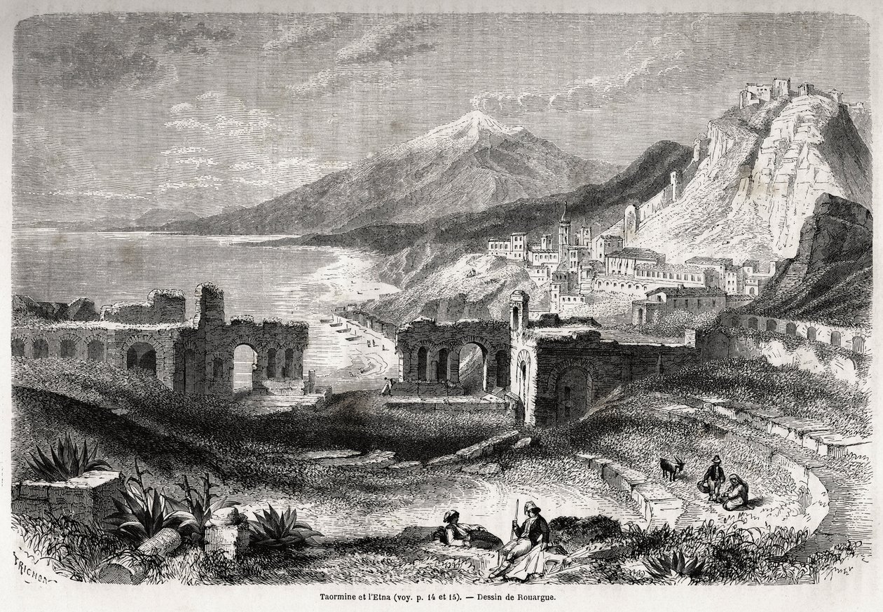 The Ruins of the Ancient Theatre of Taormina, at the Foot of Mount Taurus, Overlooking the Modern Village of Giardini and the Etna, Drawing by Adolphe Rouargue and Emile Rouargue to Illustrate Felix Bourquelot