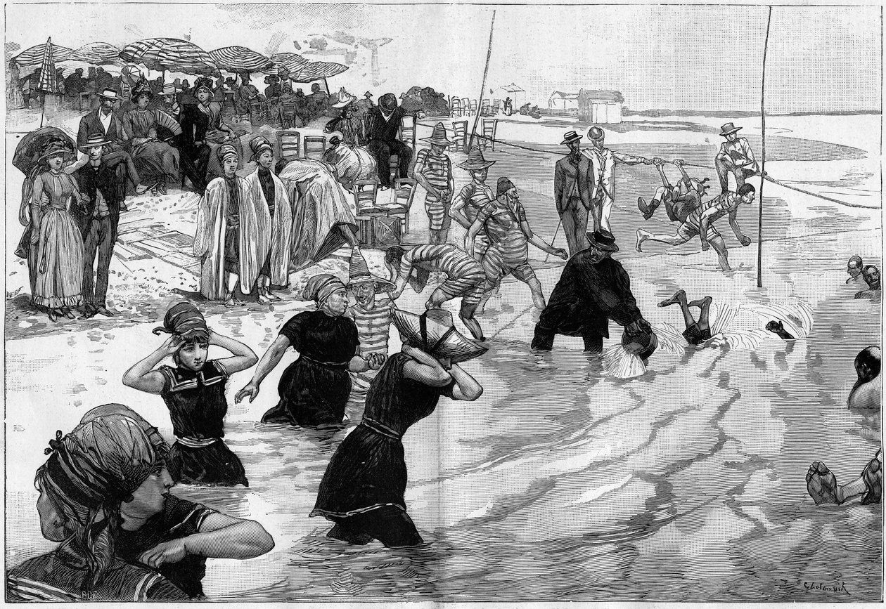 The sea baths at the time of the tide on a beach in Normandy, France, In "Le Monde Illustré" by French School
