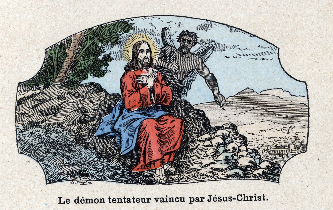 The tempting demon defeated by Jesus Christ. Jesus Christ led into the desert by the spirit, was tempted by the devil. In Tout l