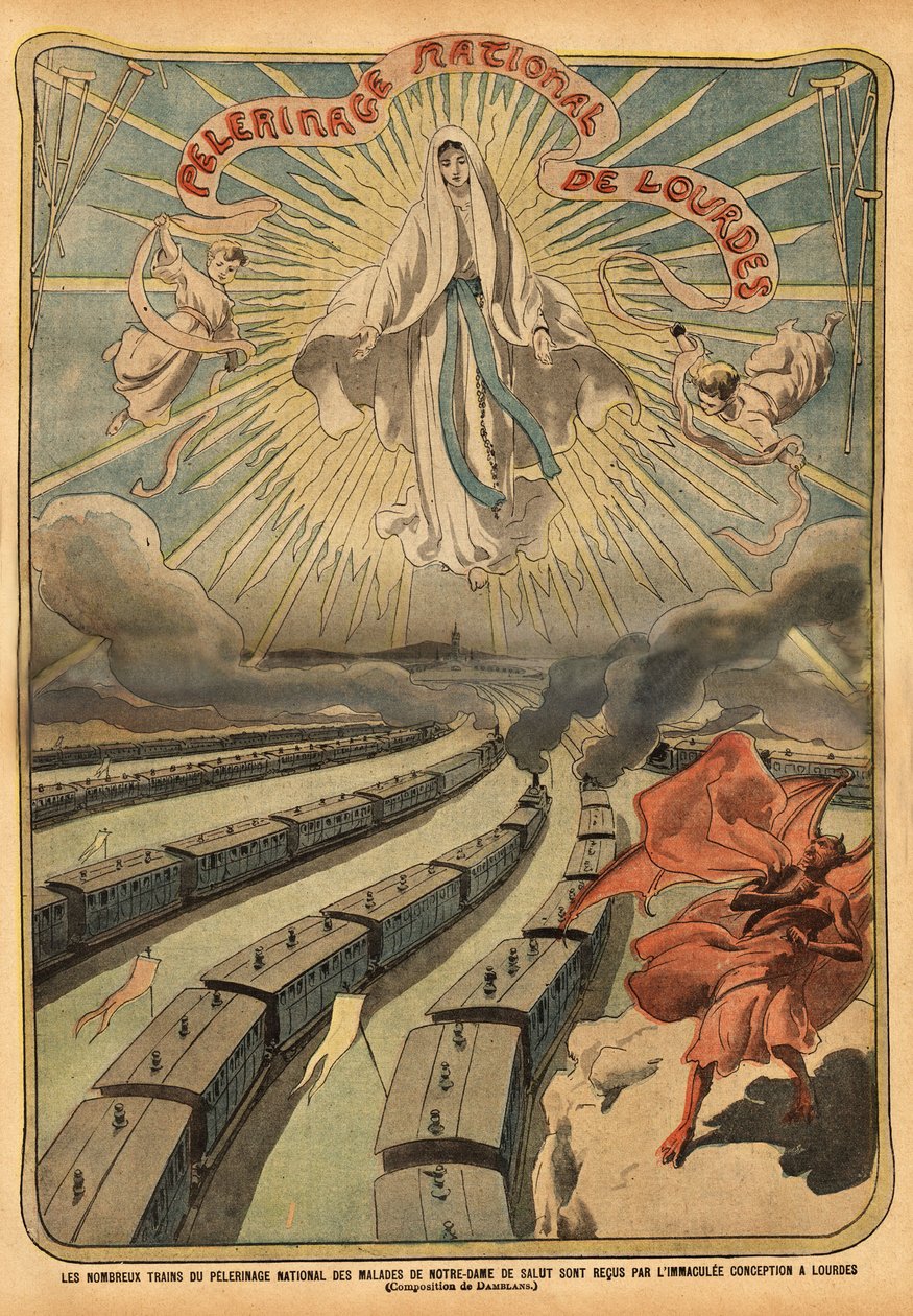 The trains destined for the national pilgrimage of Lourdes are greeted by the figure of Mary by French School