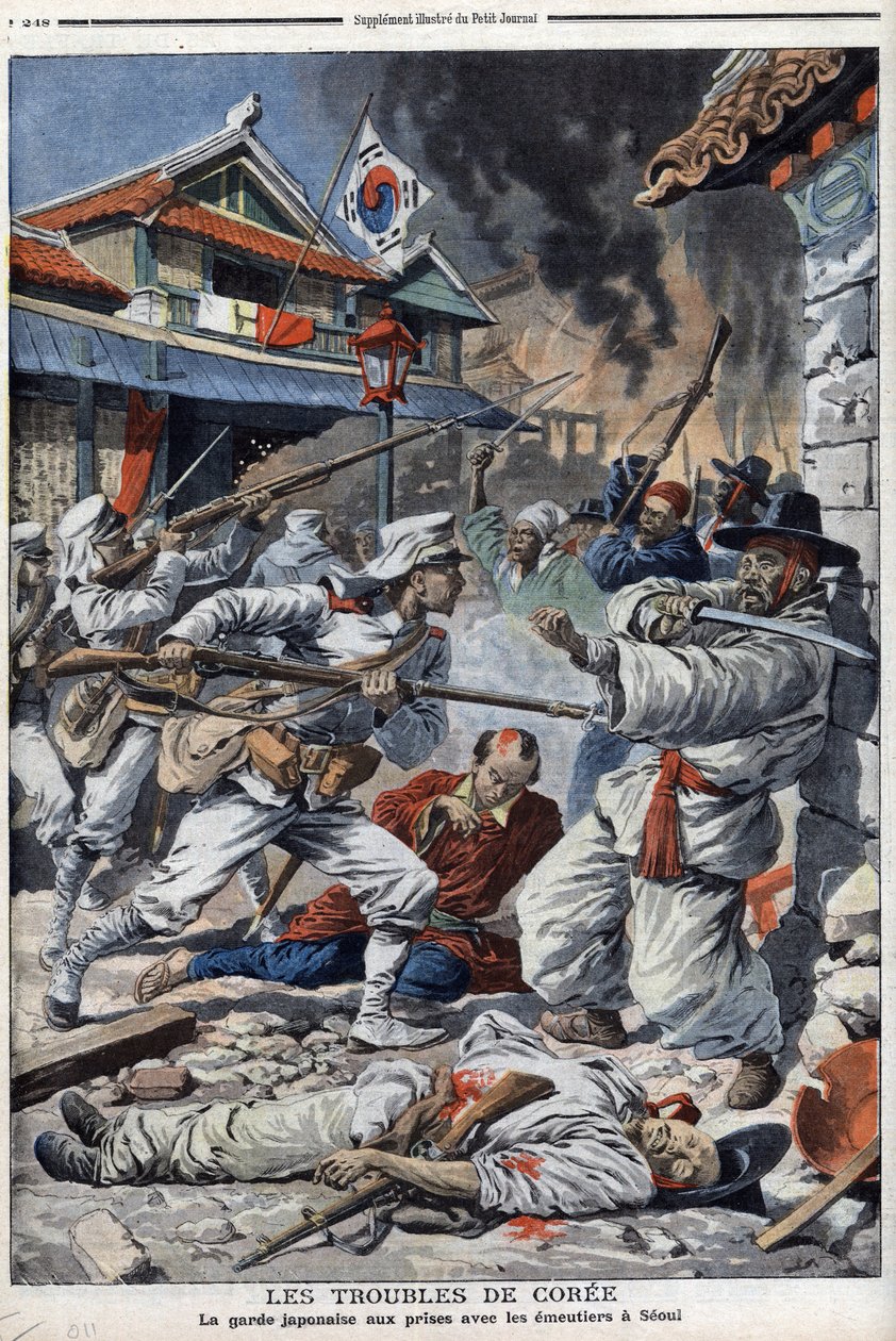 The troubles of Korea, the Japanese guard struggling with the emeutiers in Seoul, discontent with the abdication of Yi-Yeung - 