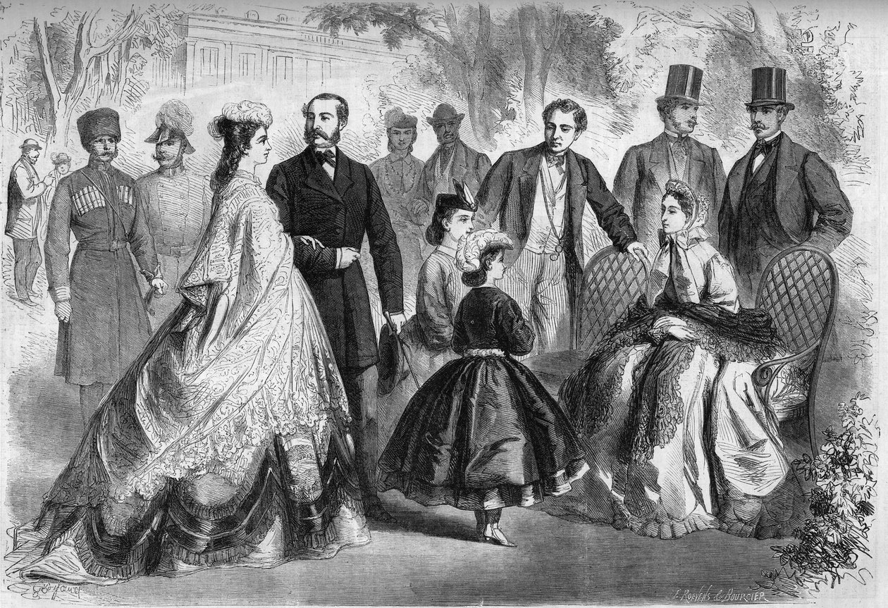 The water season in Kissingen, Germany, in 1864. Present, from left to right: Elisabeth of Wittelsbach (Sissi) (1837-1898) Empress of Austria, Alexander II (1818-1881) Emperor of Russia, Louis II (1845-1886) King of Bavaria, Maria Alexandrovna (nee Mary of by French School