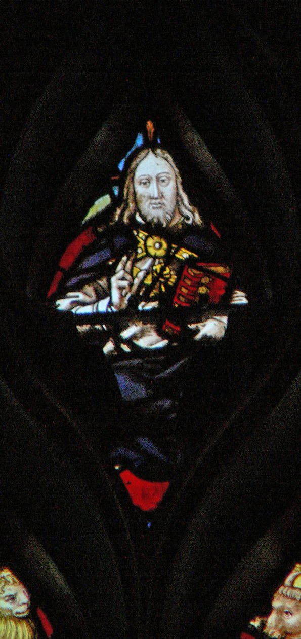 The west rose window depicting a scene from the Book of Revelation: God on his throne with the closed book of seven seals by French School