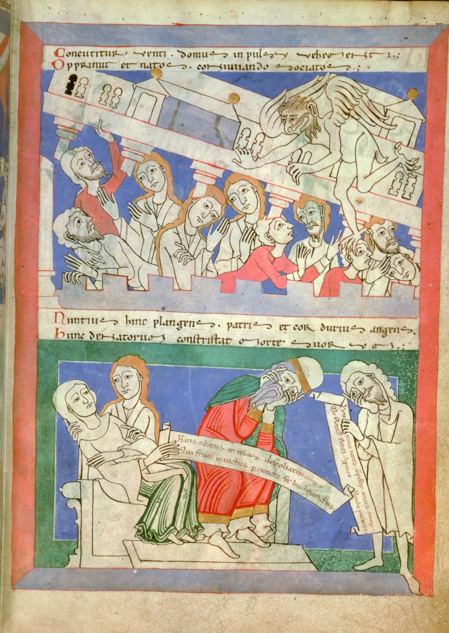 The wind personified by Satan brings down the House of Job on his children who are gathered around the table, and Job